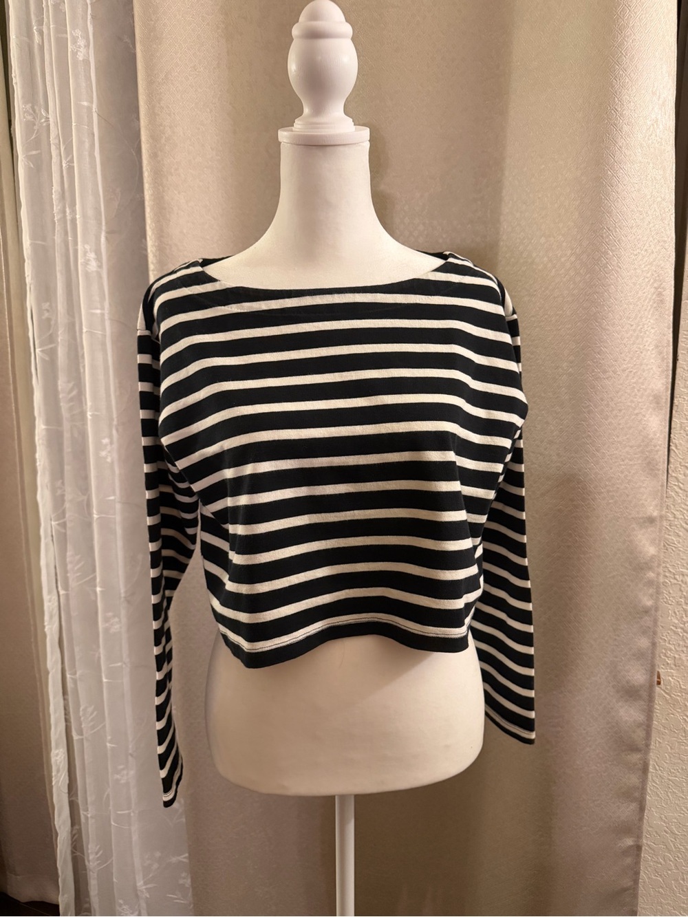 J. Crew Black & White Striped Long-Sleeve Boatneck Top